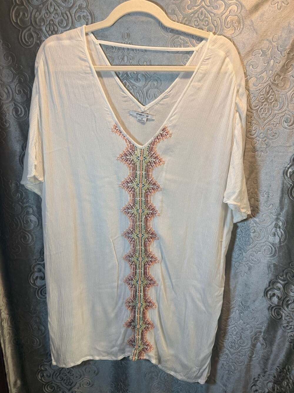 O'Neill White Embroidered V-Neck Gauze Tunic Top Size S